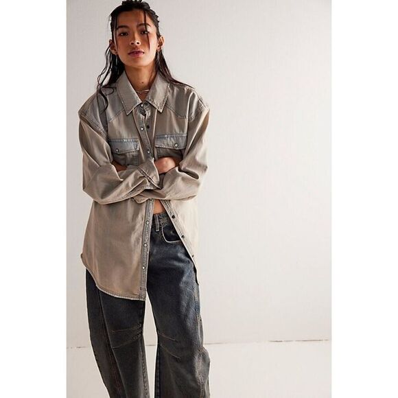 Free People We The Free Short Of It Denim Long-Sleeve Shirt in Tan NWOT size S - Picture 1 of 7